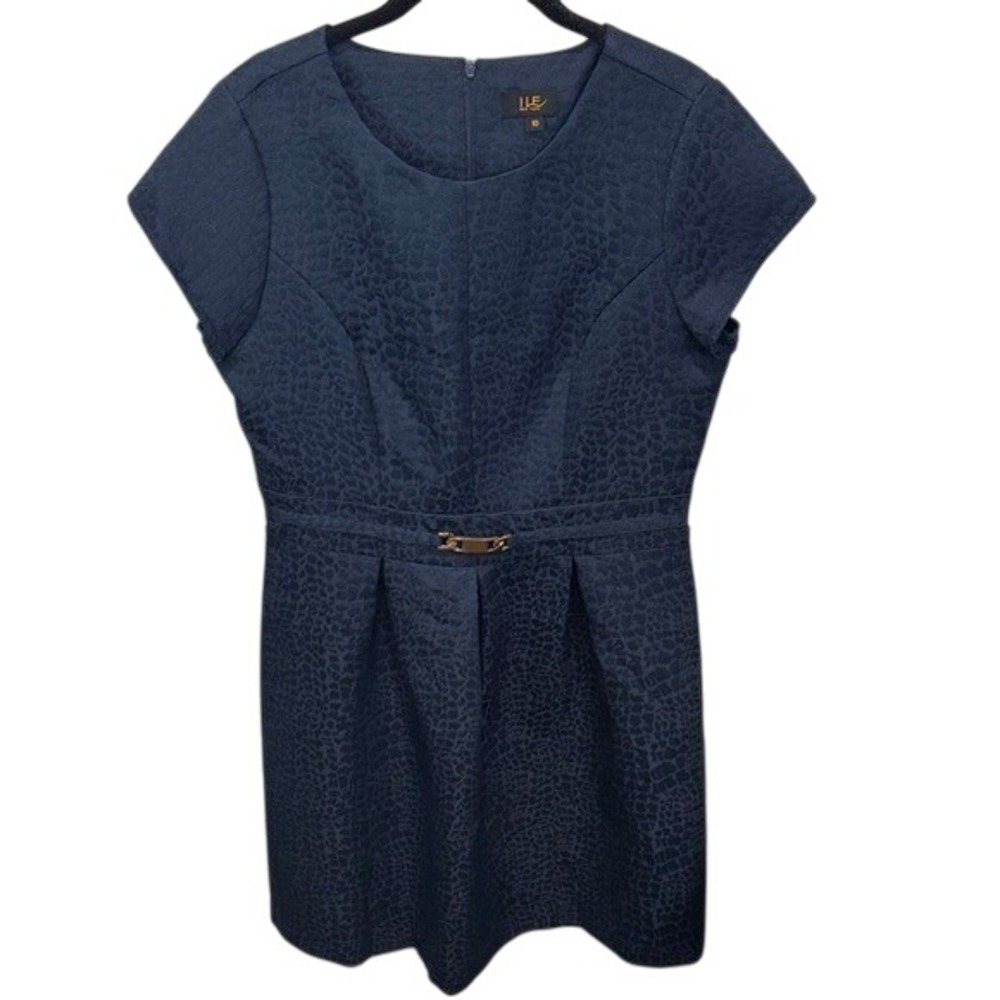 ILE New York‎ Navy Blue Jacquard Cap Sleeve Sheath Dress Gold Detail Size 10